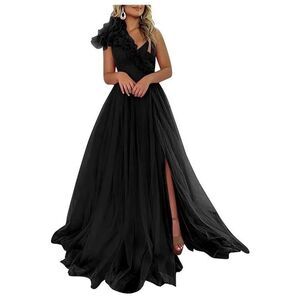 HY Fluffy Hollow Waist Chiffon Dress Sexy Lace Bridesmaid Evening Dress